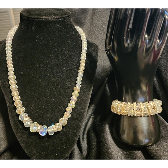 Boutique Jewelry - VTG Aurora Borealis AB Crystal Bead Necklace Triple Row Stretch Bracelet Set